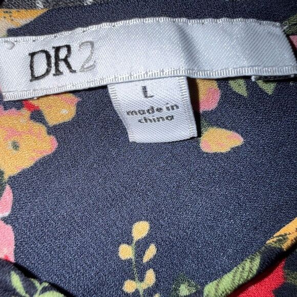 DR2 Navy Floral V-Neck Short Sleeve Blouse Large #724 - Picture 6 of 7